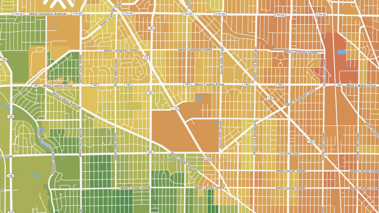 Map of the best neighborhoods in the Dineen Park, Milwaukee area, with better matches in green and worse matches in red