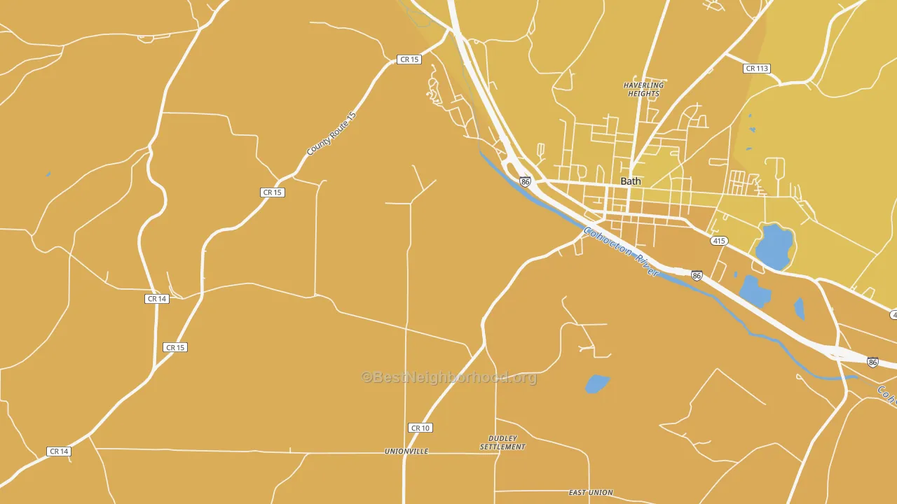 Map of the best neighborhoods in the Dineharts area, with better matches in green and worse matches in red