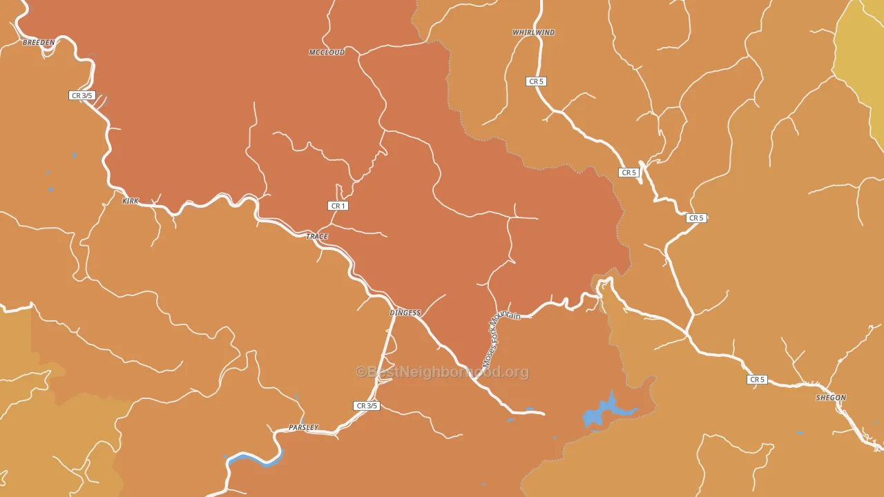 Map of the best neighborhoods in the Dingess area, with better matches in green and worse matches in red