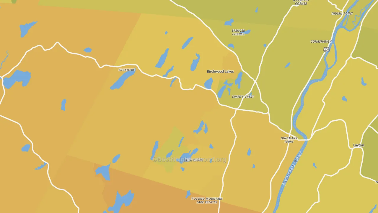Map of the best neighborhoods in the Dingmans Ferry area, with better matches in green and worse matches in red