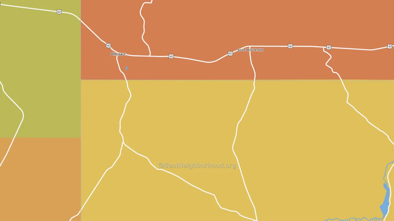 Map of the best neighborhoods in the Dinosaur area, with better matches in green and worse matches in red