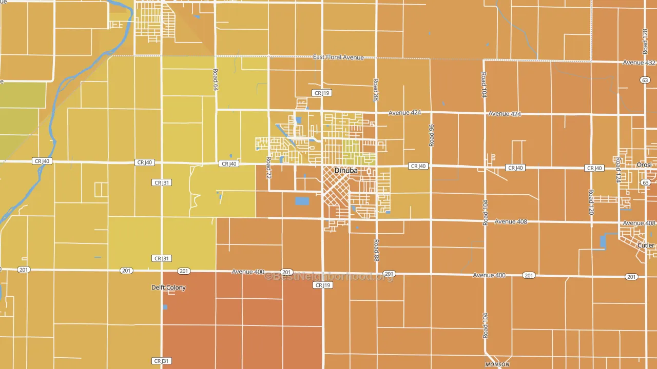 Map of the best neighborhoods in the Dinuba area, with better matches in green and worse matches in red