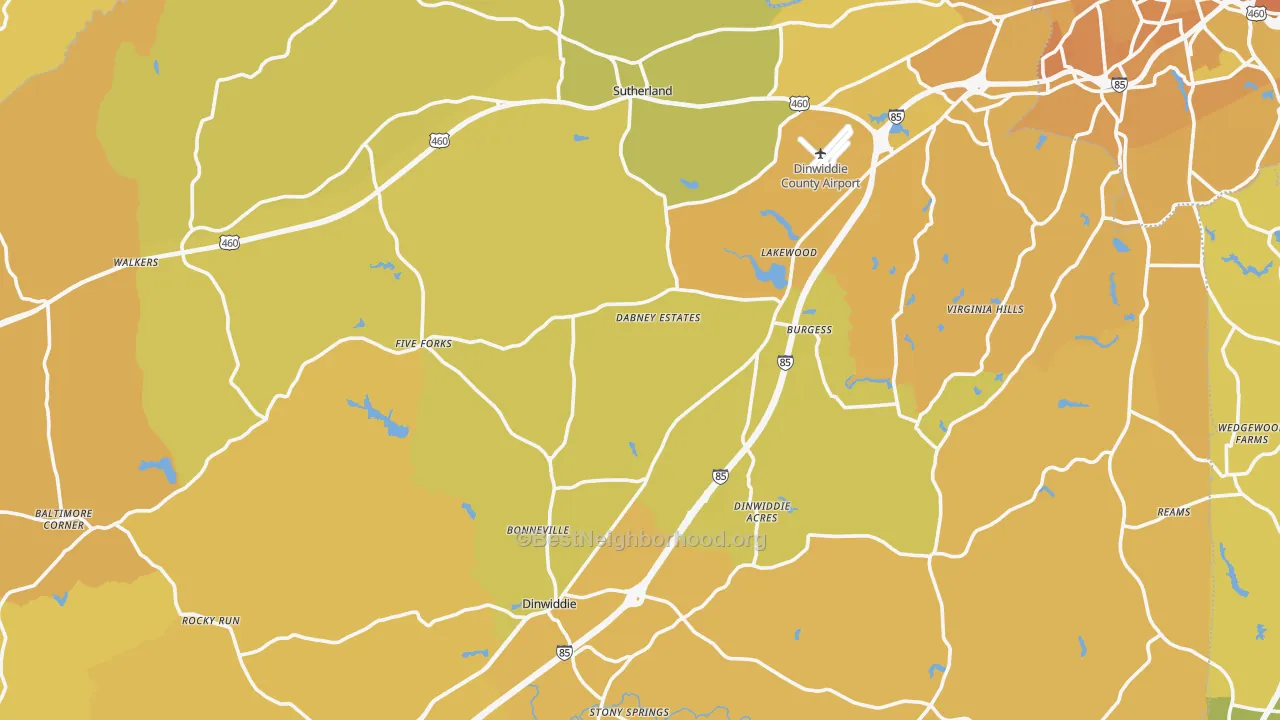 Map of the best neighborhoods in the Dinwiddie County area, with better matches in green and worse matches in red