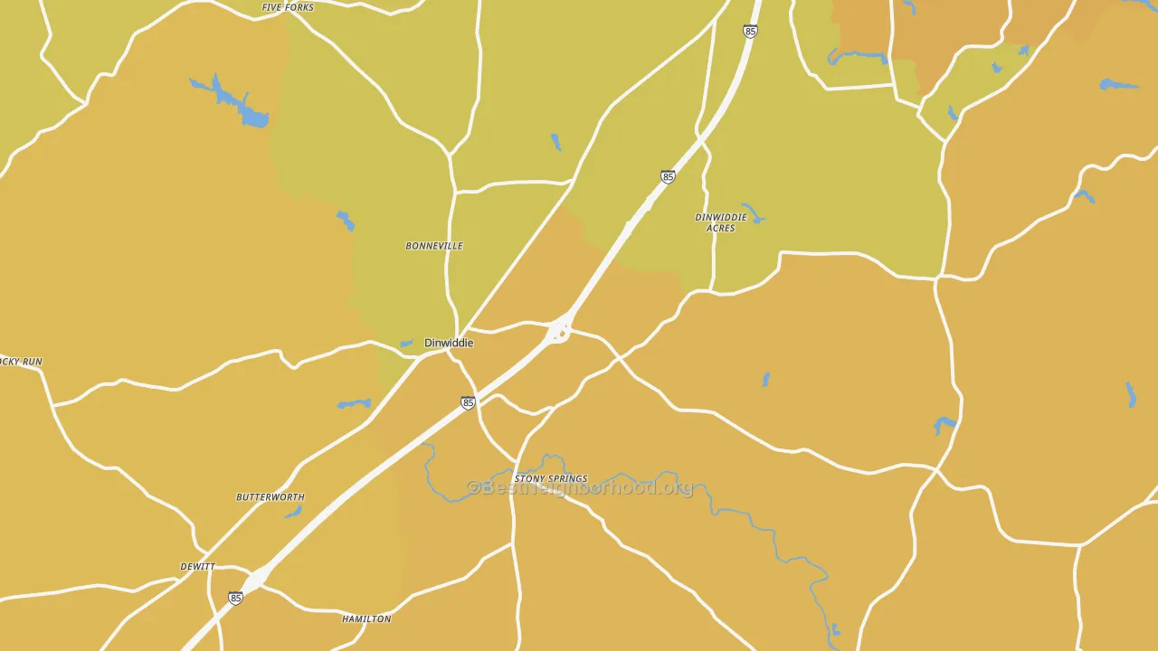Map of the best neighborhoods in the Dinwiddie area, with better matches in green and worse matches in red