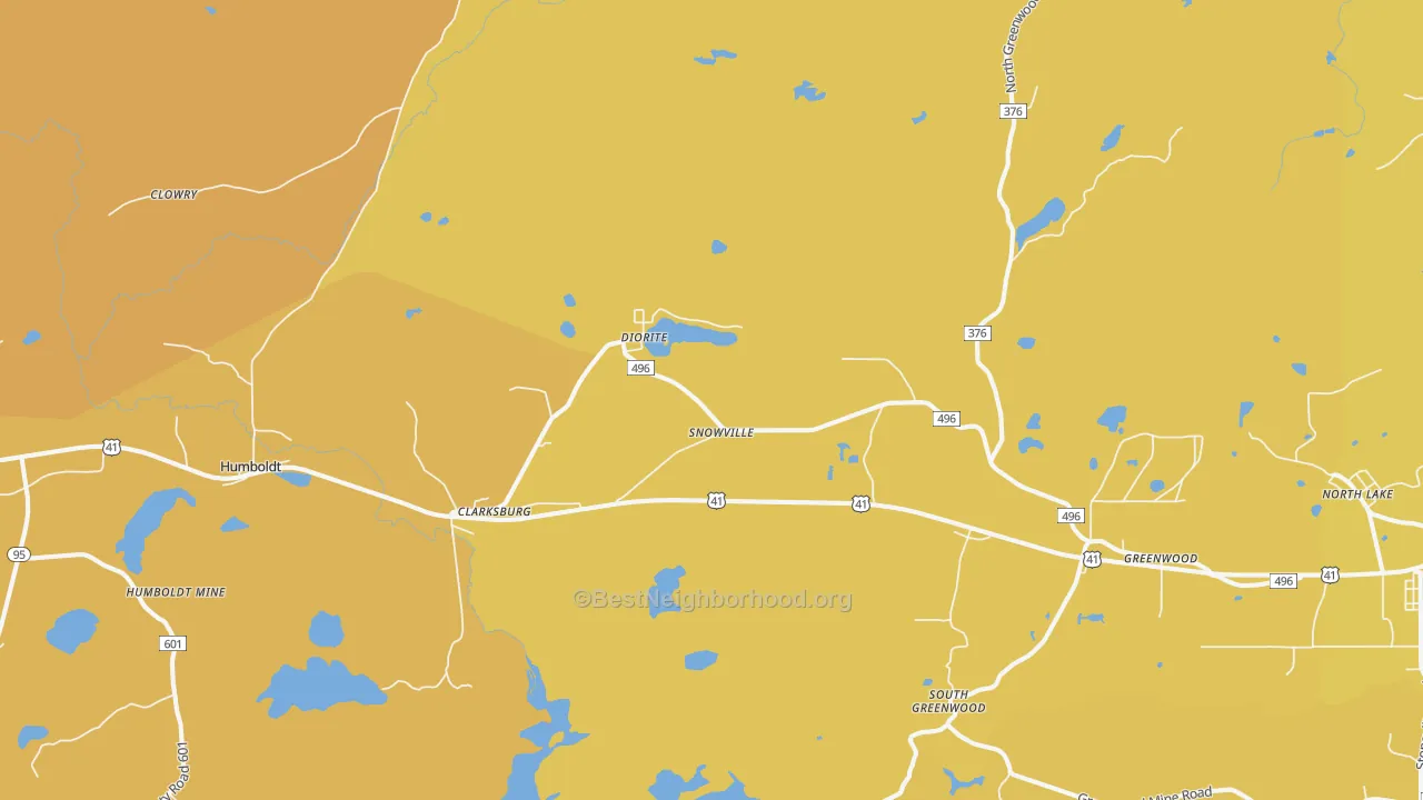 Map of the best neighborhoods in the Diorite area, with better matches in green and worse matches in red