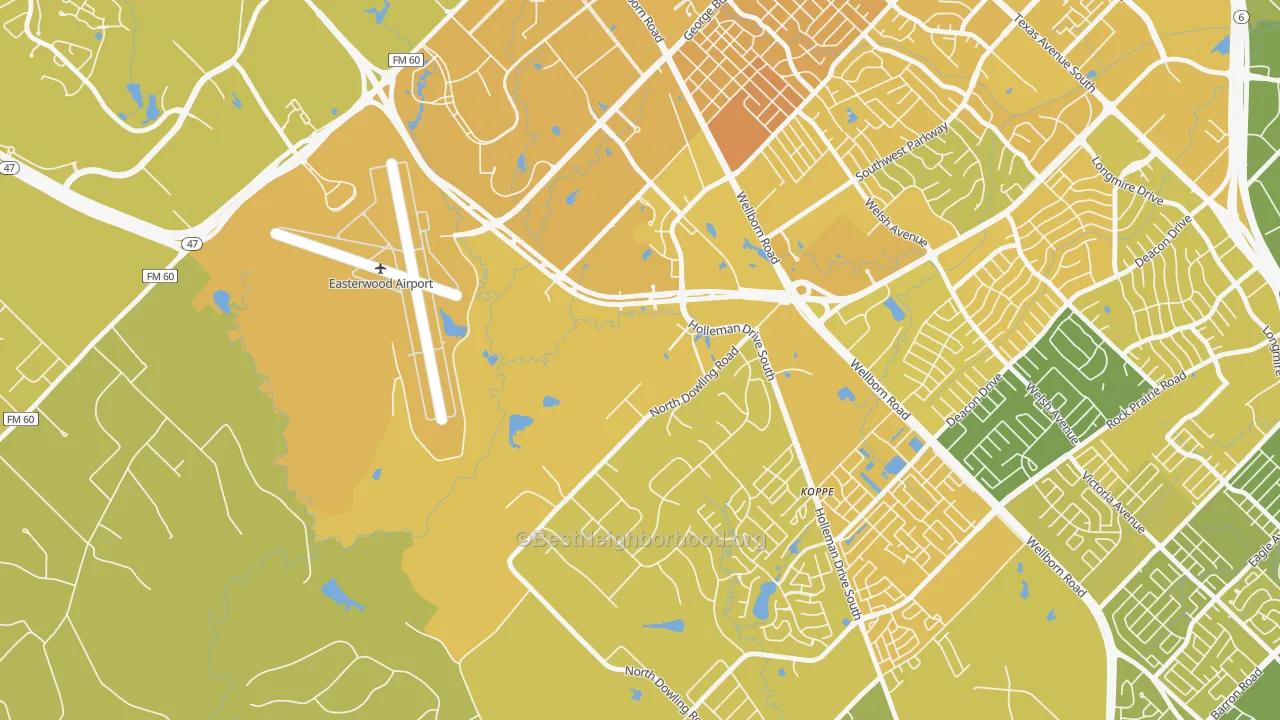 Map of the best neighborhoods in the Disaster City, College Station area, with better matches in green and worse matches in red