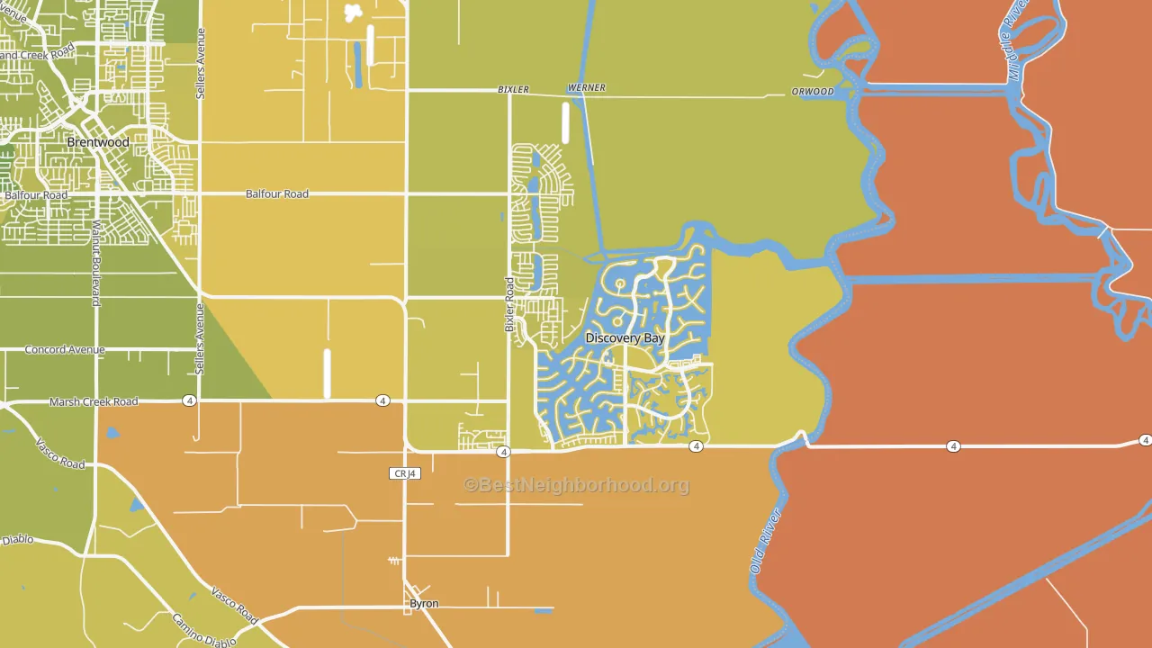 Map of the best neighborhoods in the Discovery Bay area, with better matches in green and worse matches in red