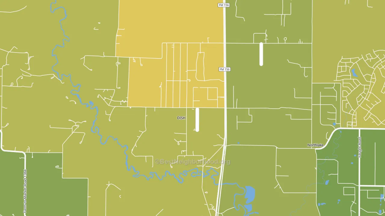 Map of the best neighborhoods in the DISH area, with better matches in green and worse matches in red
