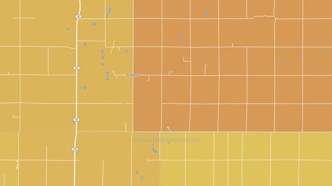 Map of the best neighborhoods in the Dispatch area, with better matches in green and worse matches in red