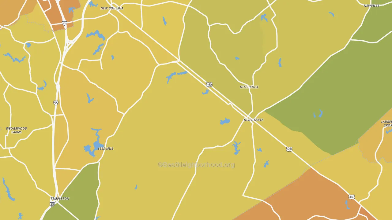 Map of the best neighborhoods in the Disputanta area, with better matches in green and worse matches in red
