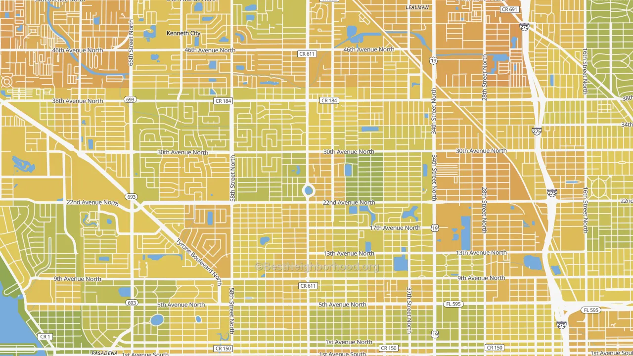 Map of the best neighborhoods in the Disston Heights, St. Petersburg area, with better matches in green and worse matches in red