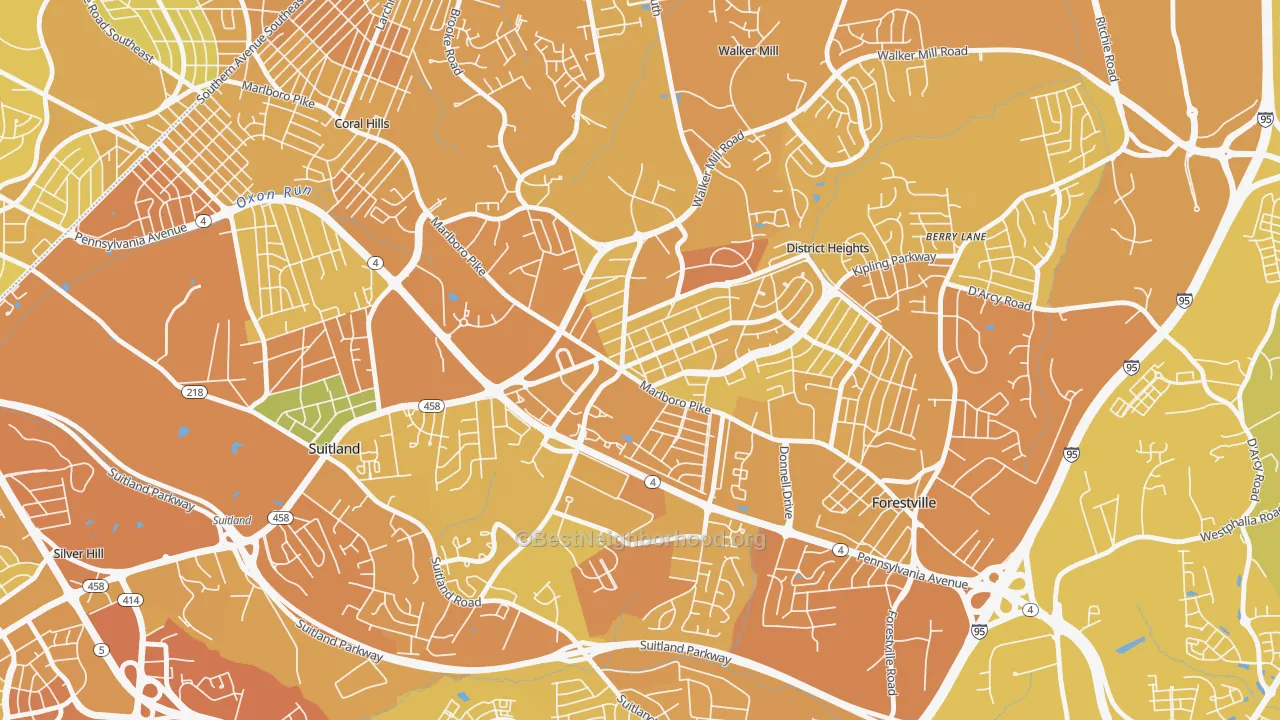 Map of the best neighborhoods in the District Heights area, with better matches in green and worse matches in red