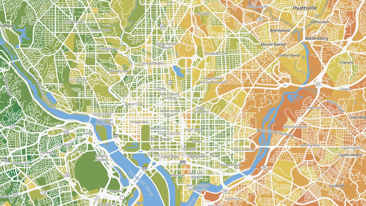 Map of the best neighborhoods in the District of Columbia area, with better matches in green and worse matches in red