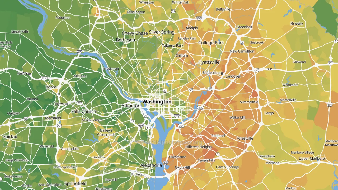 Map of the best neighborhoods in the District of Columbia area, with better matches in green and worse matches in red