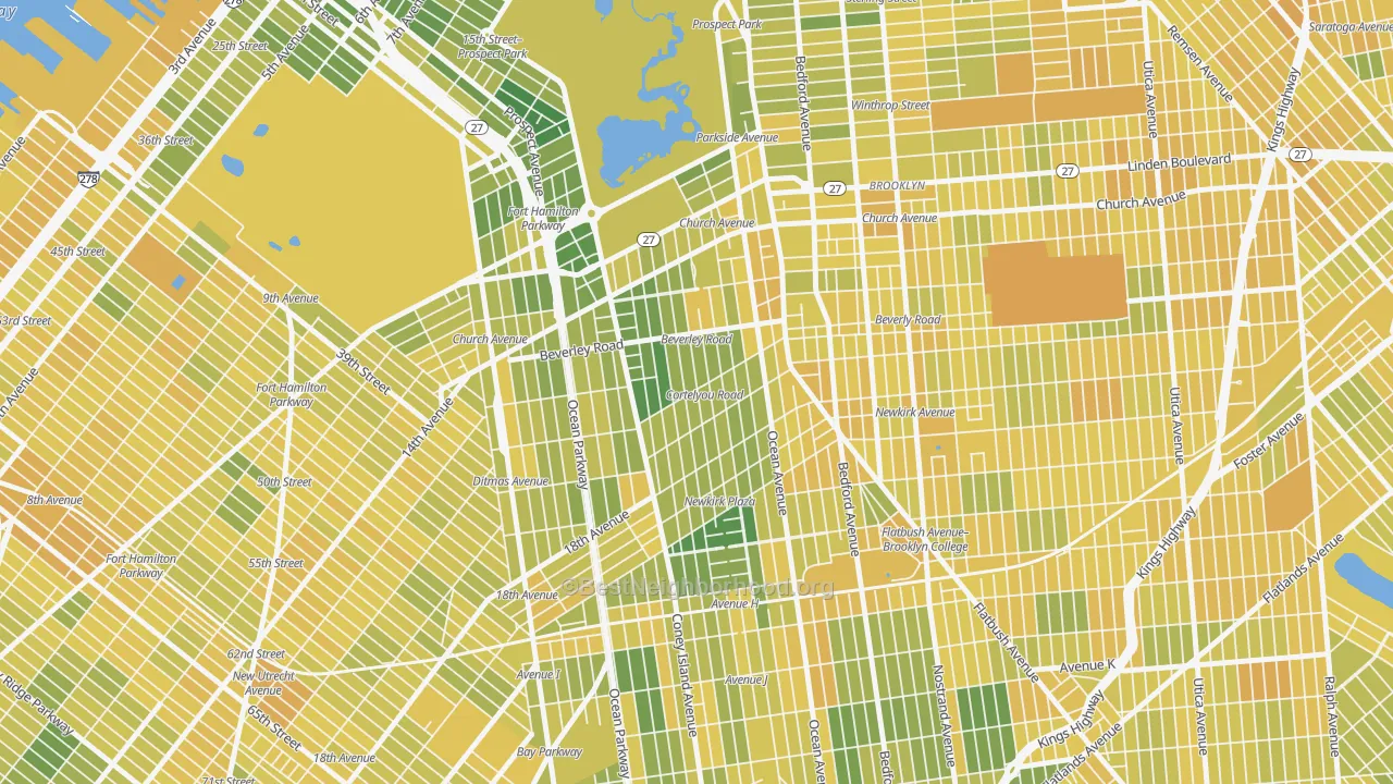 Map of the best neighborhoods in the Ditmas Park, Brooklyn area, with better matches in green and worse matches in red