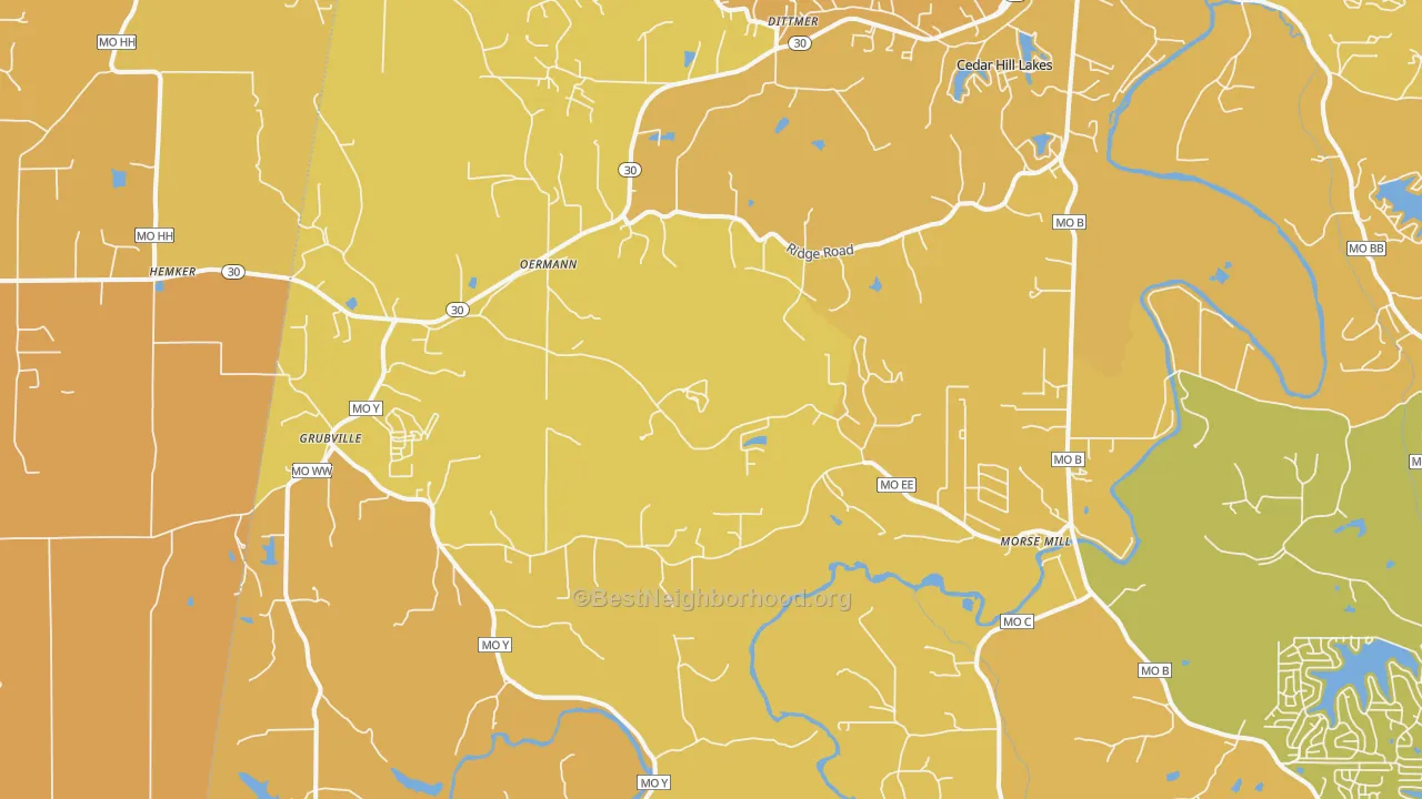 Map of the best neighborhoods in the Dittmer area, with better matches in green and worse matches in red