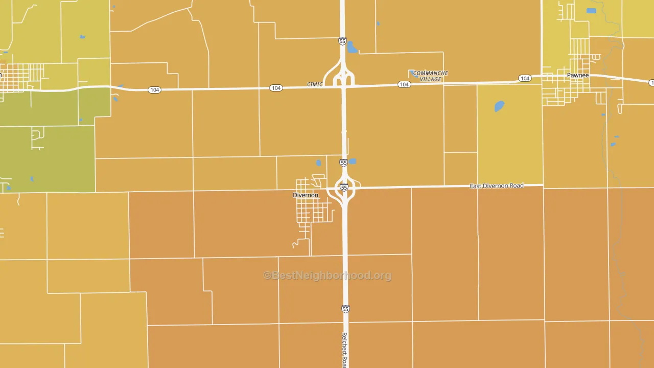 Map of the best neighborhoods in the Divernon area, with better matches in green and worse matches in red