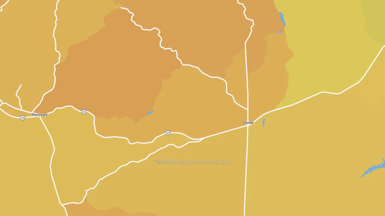 Map of the best neighborhoods in the Divide area, with better matches in green and worse matches in red