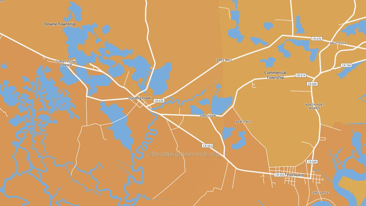 Map of the best neighborhoods in the Dividing Creek area, with better matches in green and worse matches in red