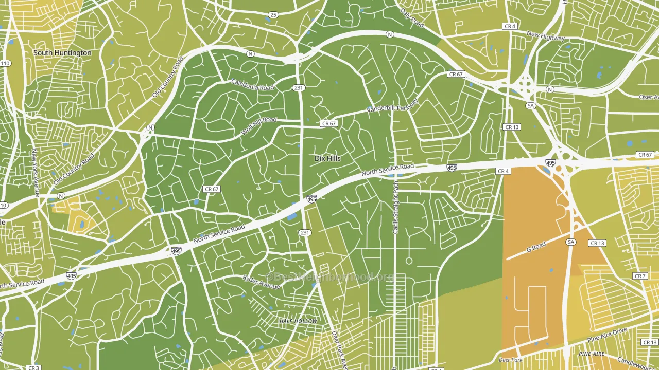 Map of the best neighborhoods in the Dix Hills area, with better matches in green and worse matches in red