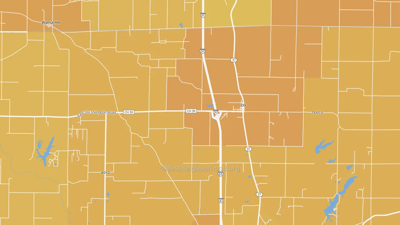 Map of the best neighborhoods in the Dix area, with better matches in green and worse matches in red