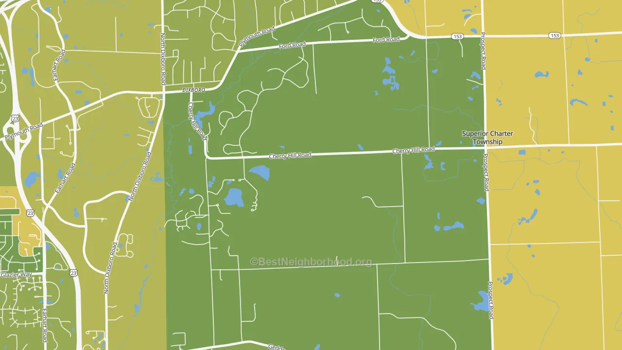 Map of the best neighborhoods in the Dixboro area, with better matches in green and worse matches in red
