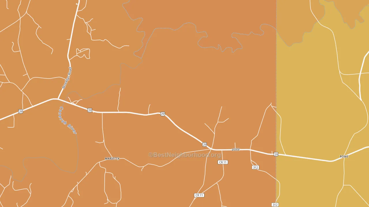 Map of the best neighborhoods in the Dixie area, with better matches in green and worse matches in red
