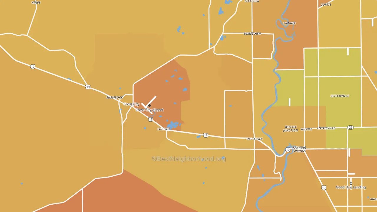 Map of the best neighborhoods in the Dixie County area, with better matches in green and worse matches in red