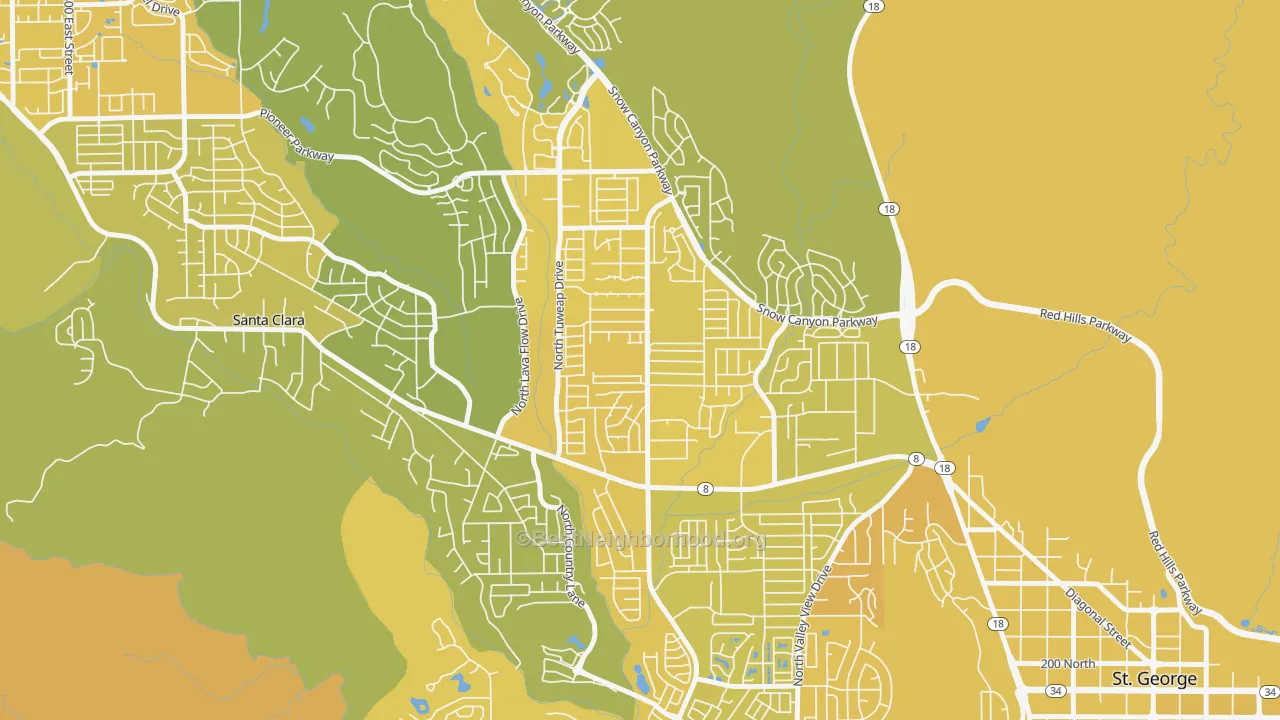 Map of the best neighborhoods in the Dixie Downs, St. George area, with better matches in green and worse matches in red