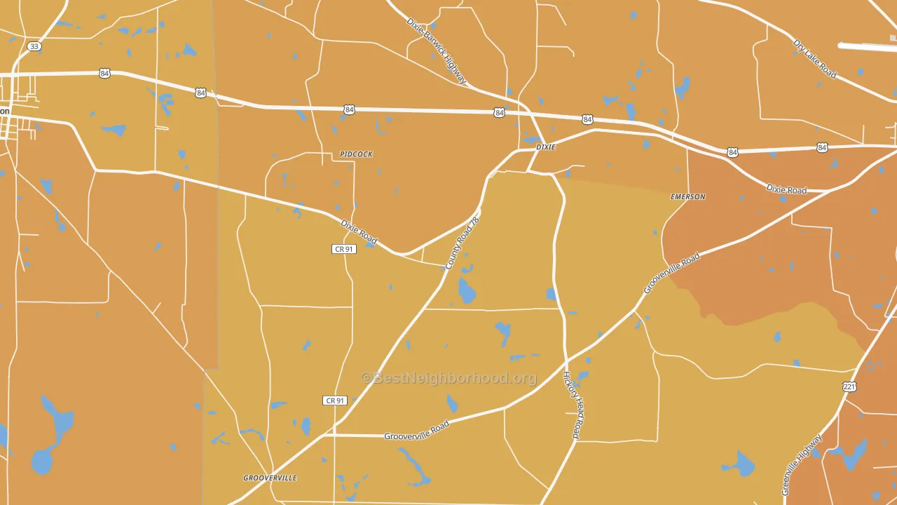 Map of the best neighborhoods in the Dixie area, with better matches in green and worse matches in red