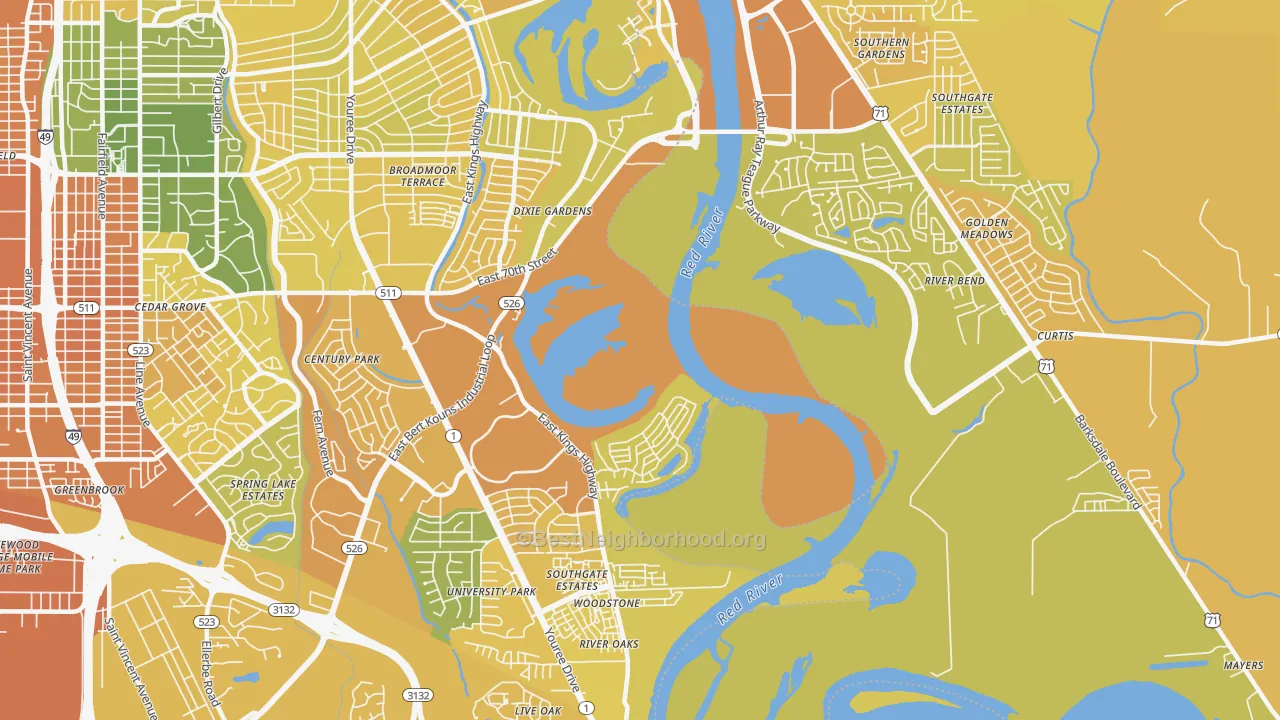 Map of the best neighborhoods in the Dixie Gardens area, with better matches in green and worse matches in red