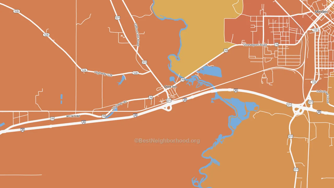 Map of the best neighborhoods in the Dixie Inn area, with better matches in green and worse matches in red