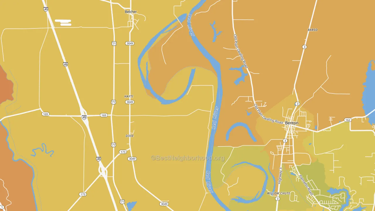 Map of the best neighborhoods in the Dixie area, with better matches in green and worse matches in red