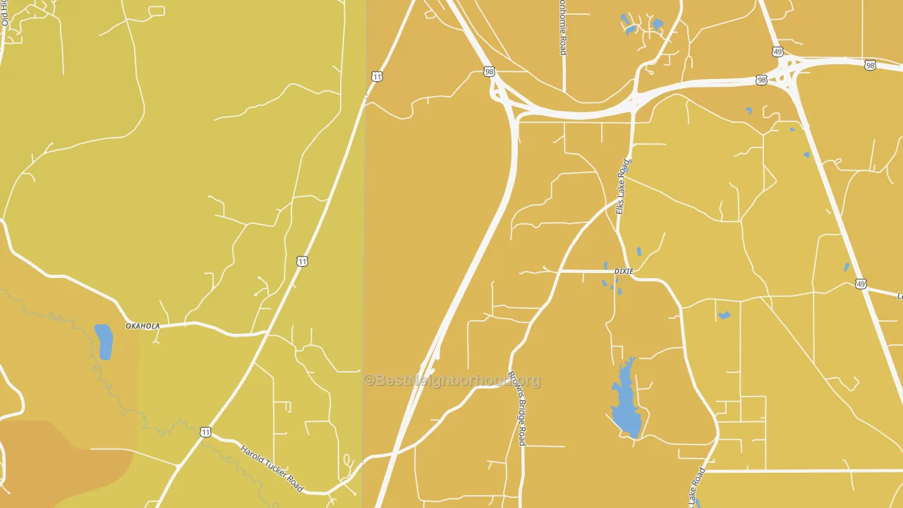Map of the best neighborhoods in the Dixie area, with better matches in green and worse matches in red