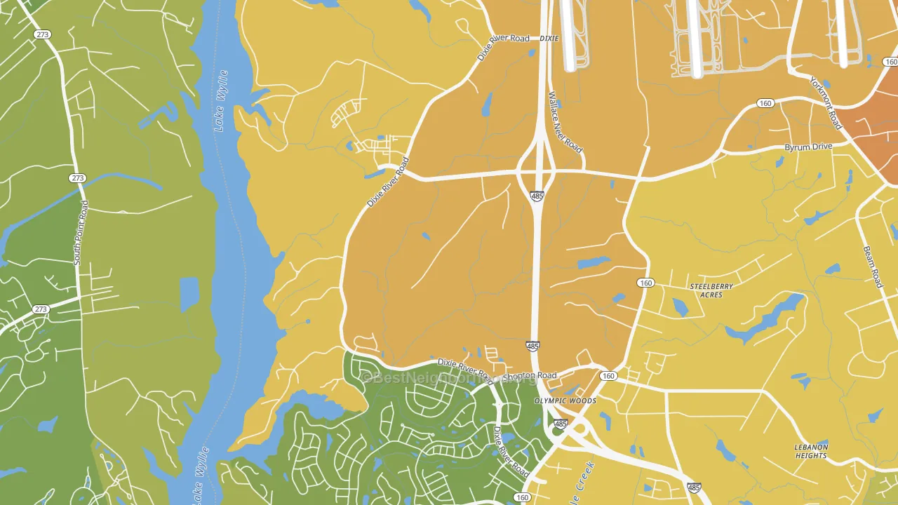 Map of the best neighborhoods in the Dixie area, with better matches in green and worse matches in red