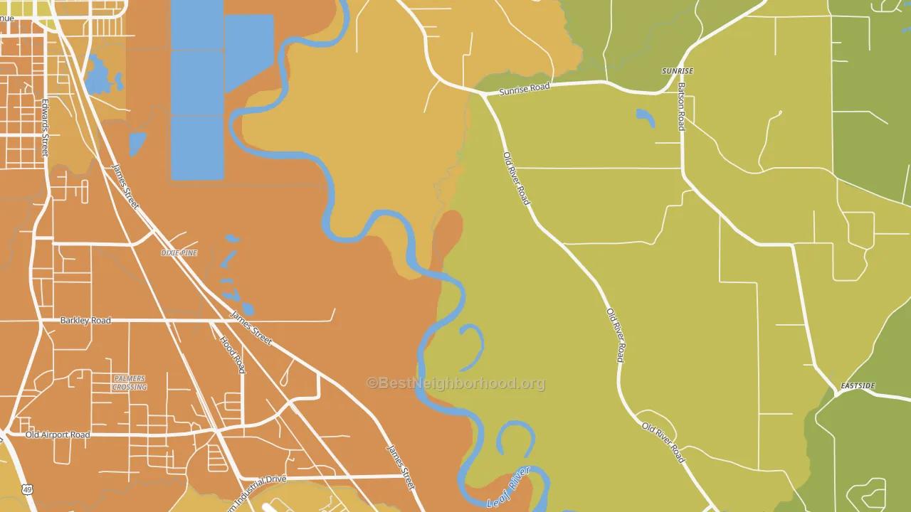 Map of the best neighborhoods in the Dixie Pine area, with better matches in green and worse matches in red