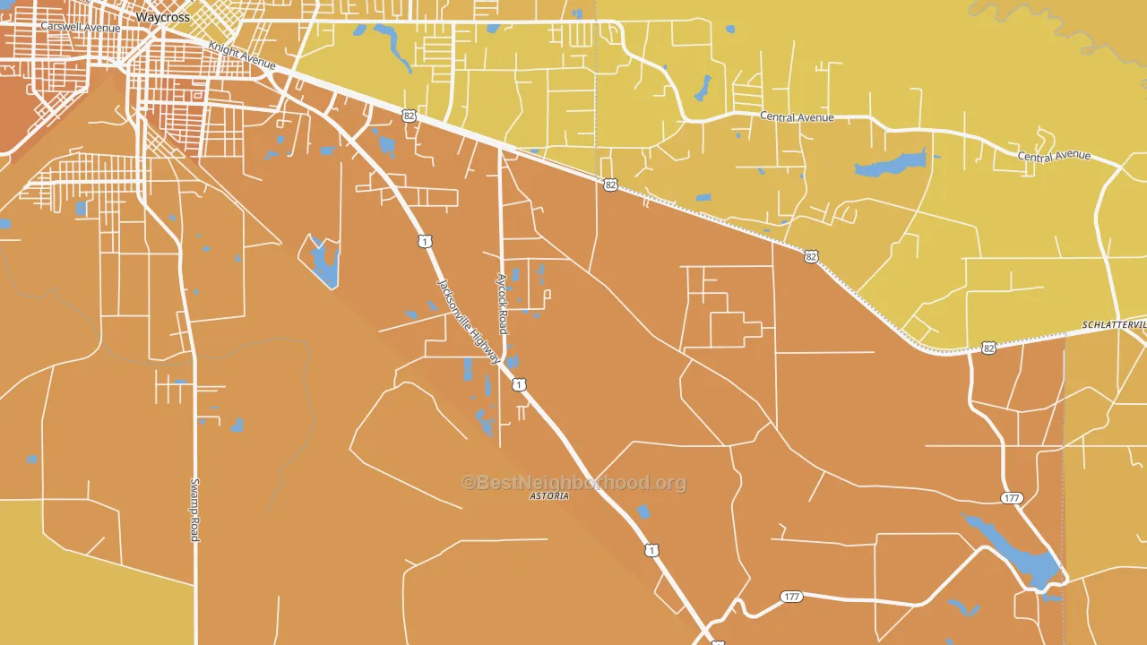Map of the best neighborhoods in the Dixie Union area, with better matches in green and worse matches in red