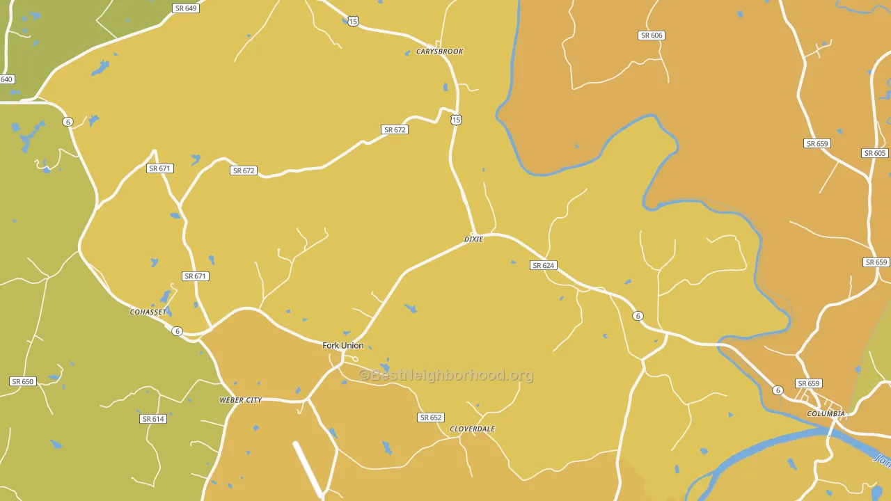 Map of the best neighborhoods in the Dixie area, with better matches in green and worse matches in red
