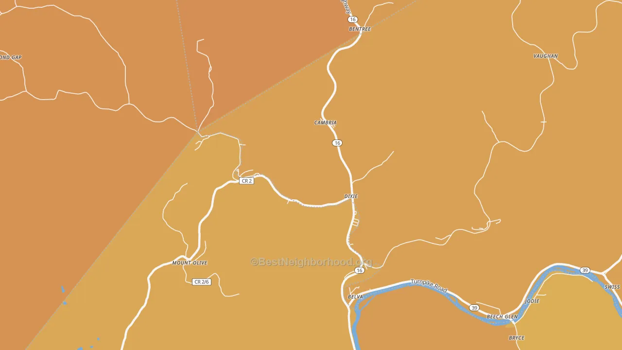 Map of the best neighborhoods in the Dixie area, with better matches in green and worse matches in red