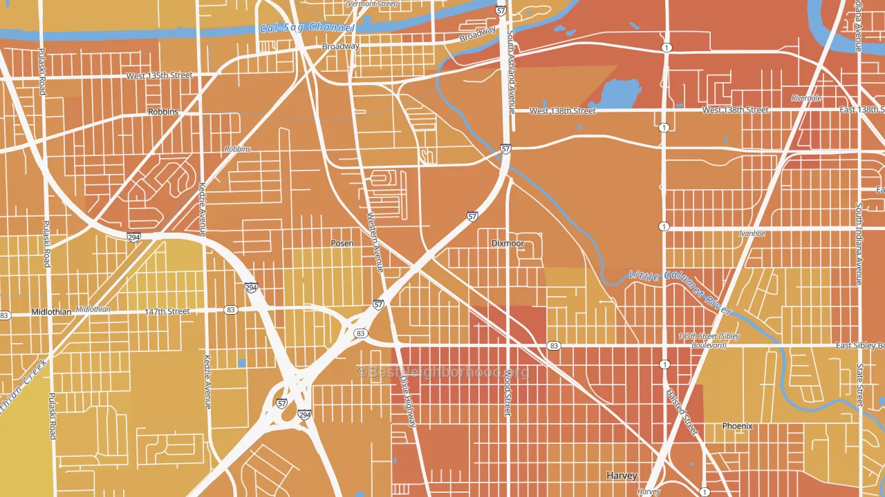 Map of the best neighborhoods in the Dixmoor area, with better matches in green and worse matches in red