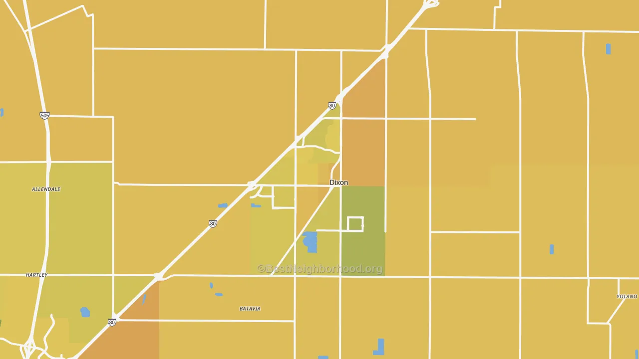 Map of the best neighborhoods in the Dixon area, with better matches in green and worse matches in red