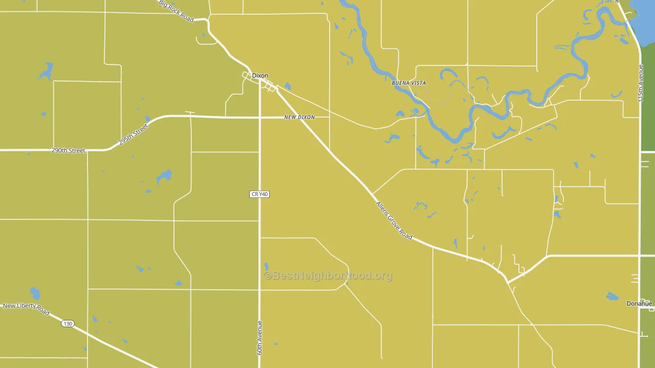 Map of the best neighborhoods in the Dixon area, with better matches in green and worse matches in red