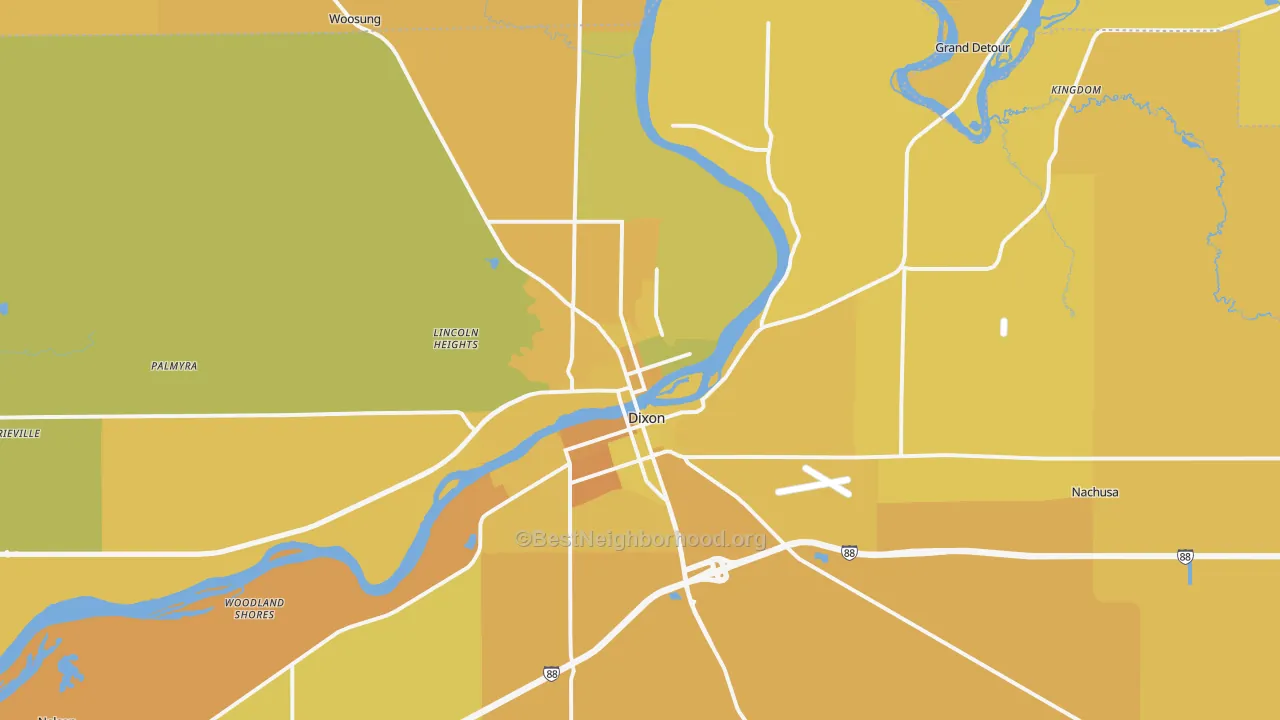 Map of the best neighborhoods in the Dixon area, with better matches in green and worse matches in red
