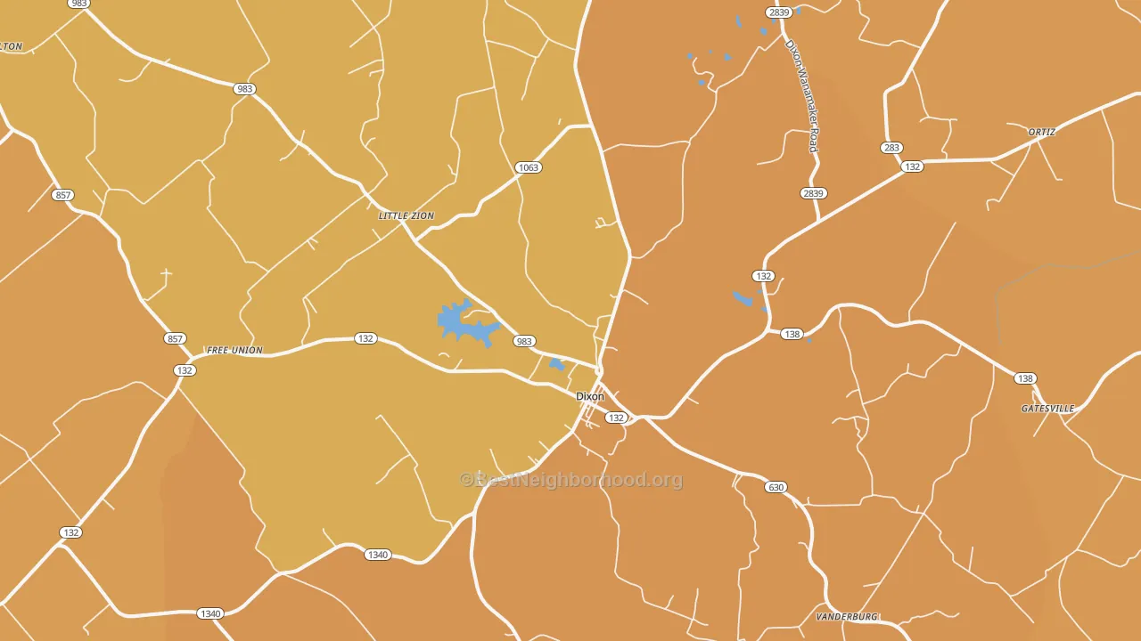 Map of the best neighborhoods in the Dixon area, with better matches in green and worse matches in red