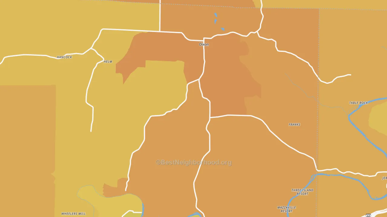 Map of the best neighborhoods in the Dixon area, with better matches in green and worse matches in red