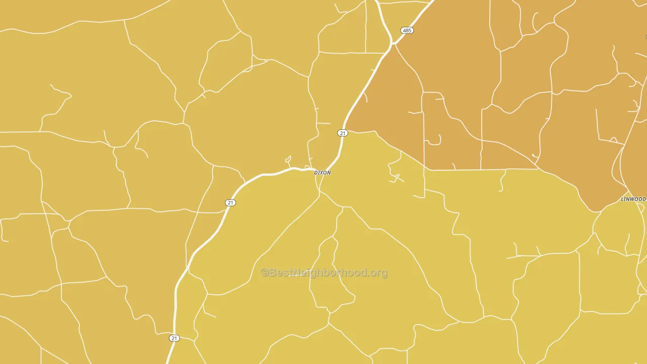 Map of the best neighborhoods in the Dixon area, with better matches in green and worse matches in red