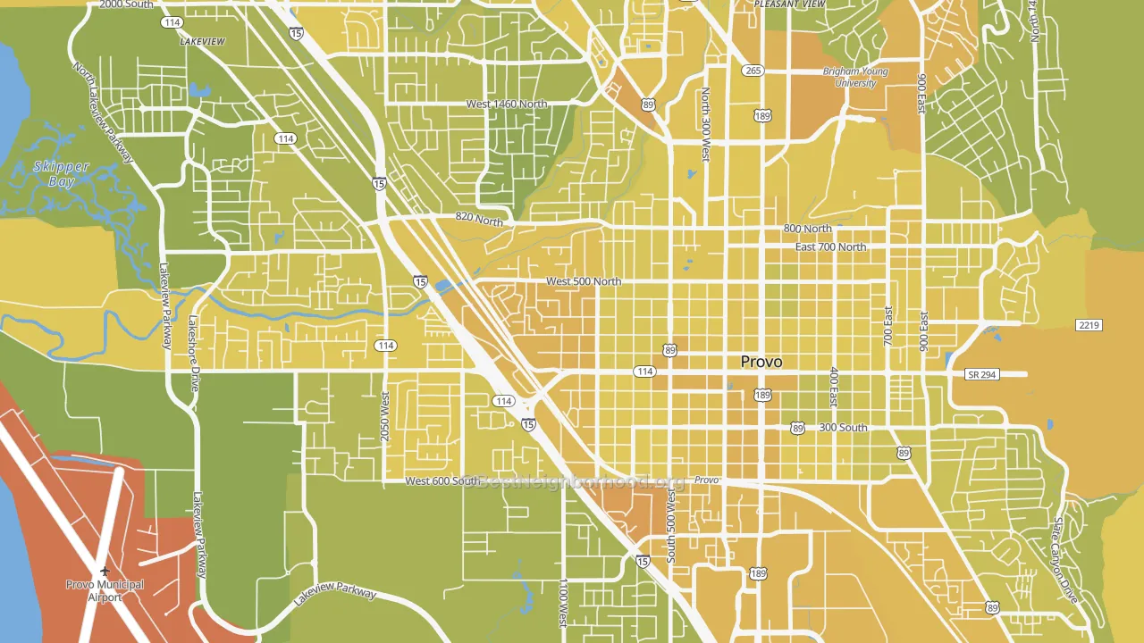 Map of the best neighborhoods in the Dixon, Provo area, with better matches in green and worse matches in red