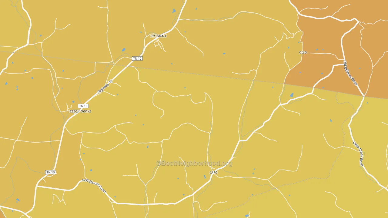 Map of the best neighborhoods in the Dixon Springs area, with better matches in green and worse matches in red