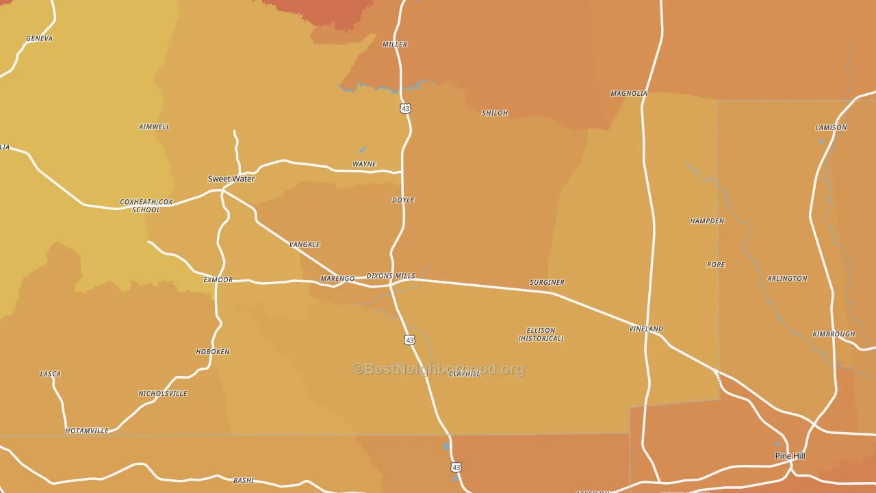 Map of the best neighborhoods in the Dixons Mills area, with better matches in green and worse matches in red