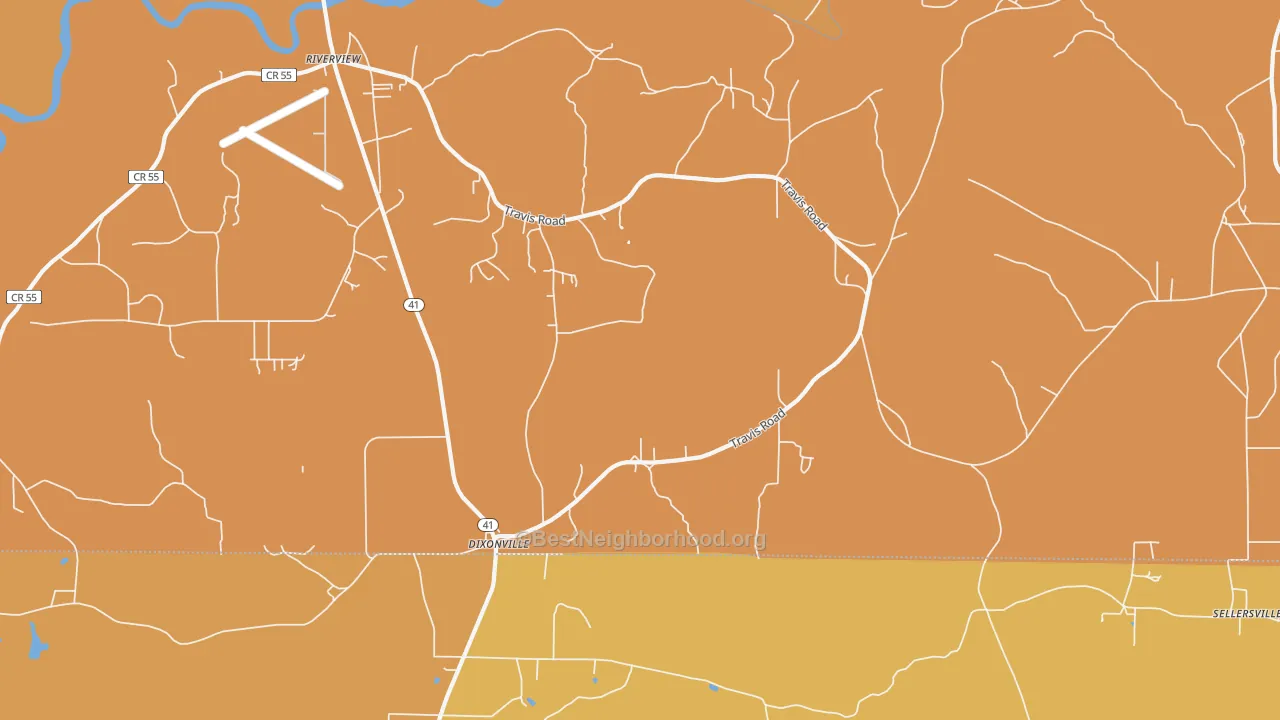 Map of the best neighborhoods in the Dixonville area, with better matches in green and worse matches in red